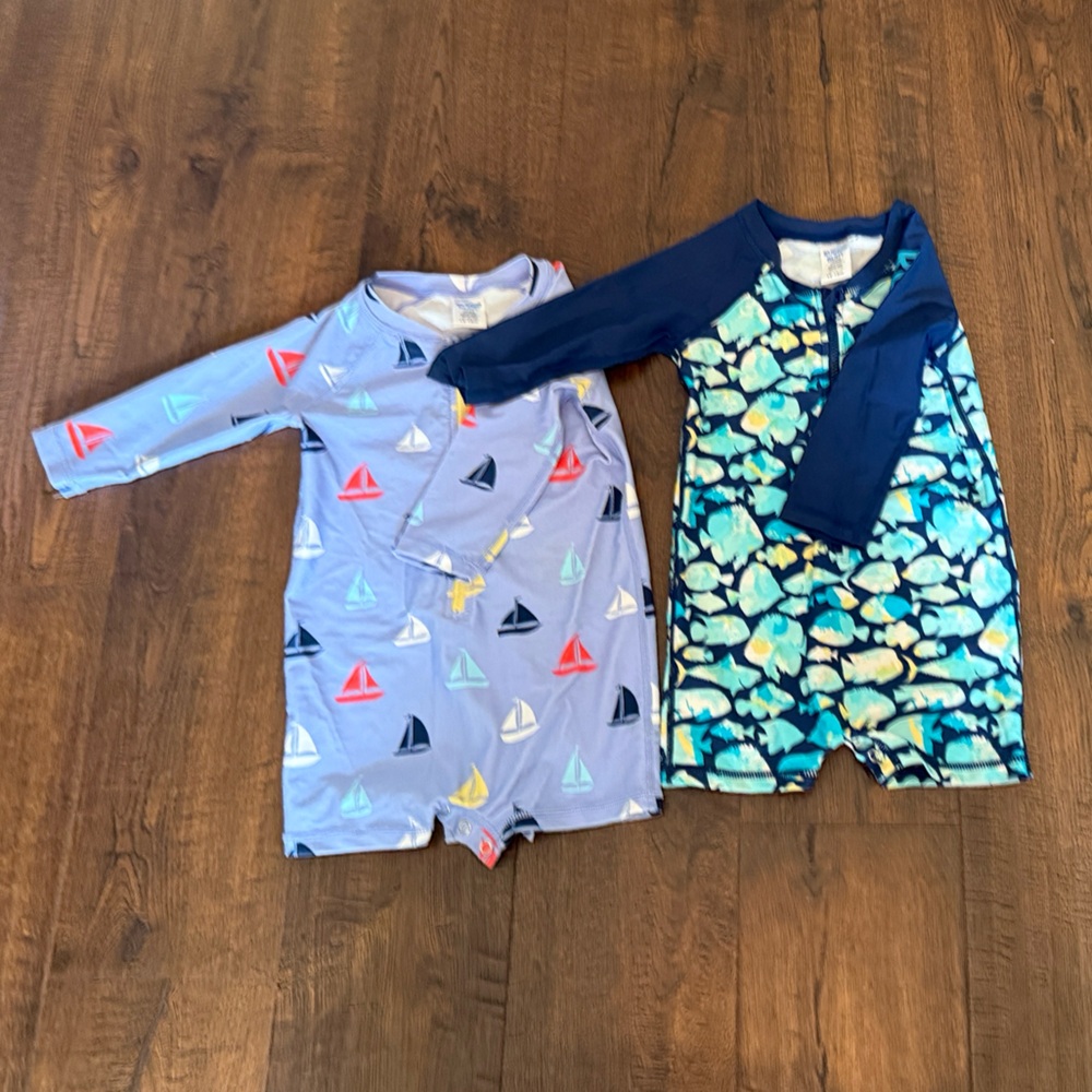 Rugged Butts toddler boy long-sleeved Rashguard swimsuits, 12m-18m (set of 2)